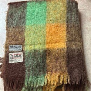 Vintage Glen Cree 100% Mohair Brown Yellow Green Plaid Throw Blanket 45" x 72"
